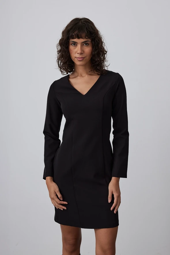 V Neck Lycra Midi Dress - Black - 3