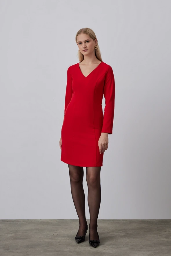 V Neck Lycra Midi Dress - Red - 1