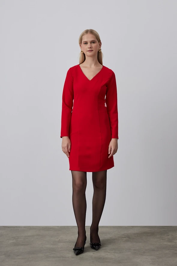 V Neck Lycra Midi Dress - Red - 2