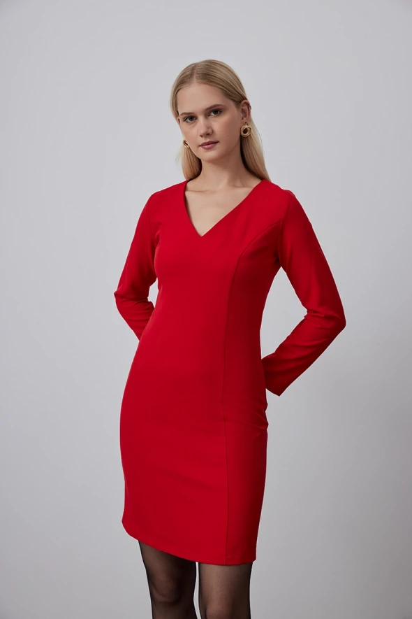 V Neck Lycra Midi Dress - Red - 3