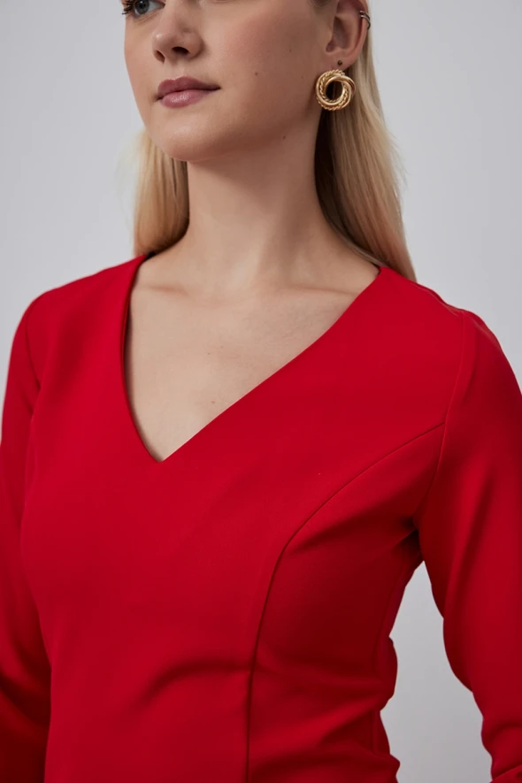 V Neck Lycra Midi Dress - Red - 4