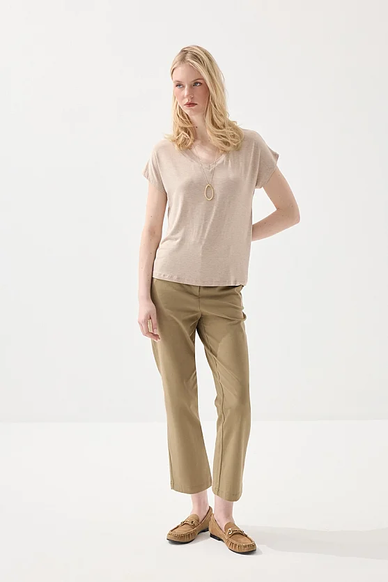 V-Neck Mélange Bamboo T-Shirt - Beige - Gusto
