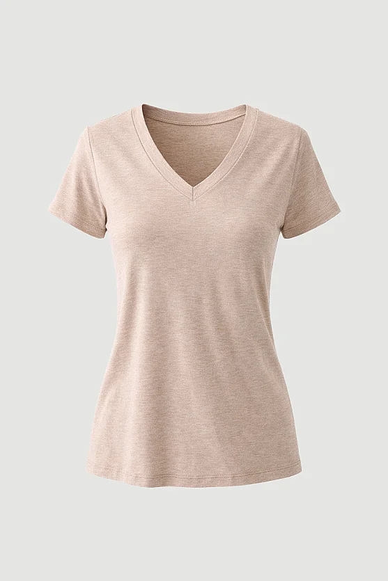 V-Neck Mélange Bamboo T-Shirt - Beige - Gusto