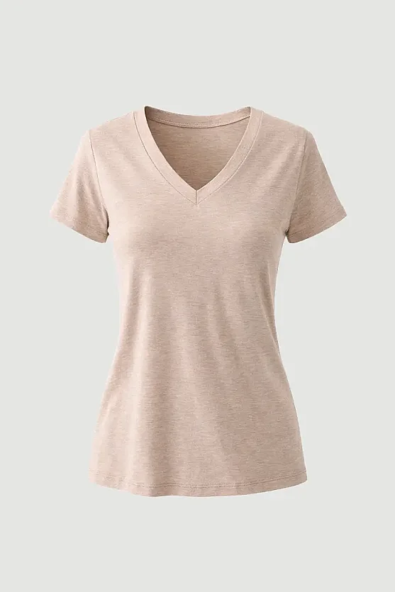 V-Neck Mélange Bamboo T-Shirt - Beige - 7