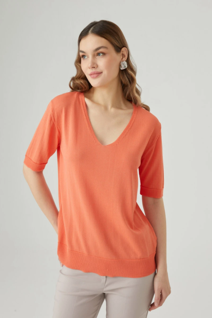 V Neck Mercerized Knitwear - Orange Orange