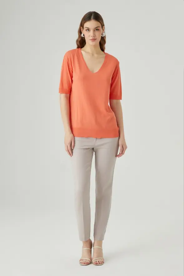 V Neck Mercerized Knitwear - Orange - 2