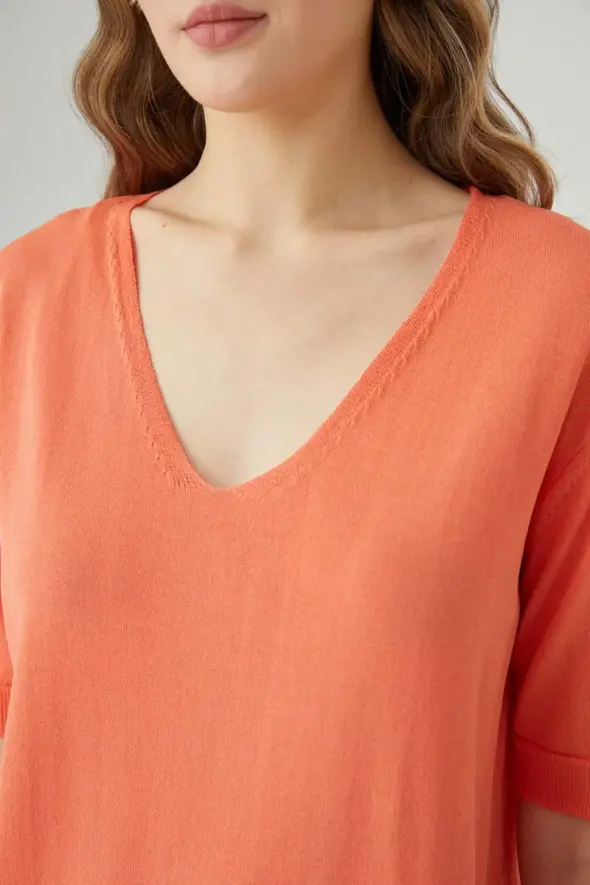 V Neck Mercerized Knitwear - Orange - 3