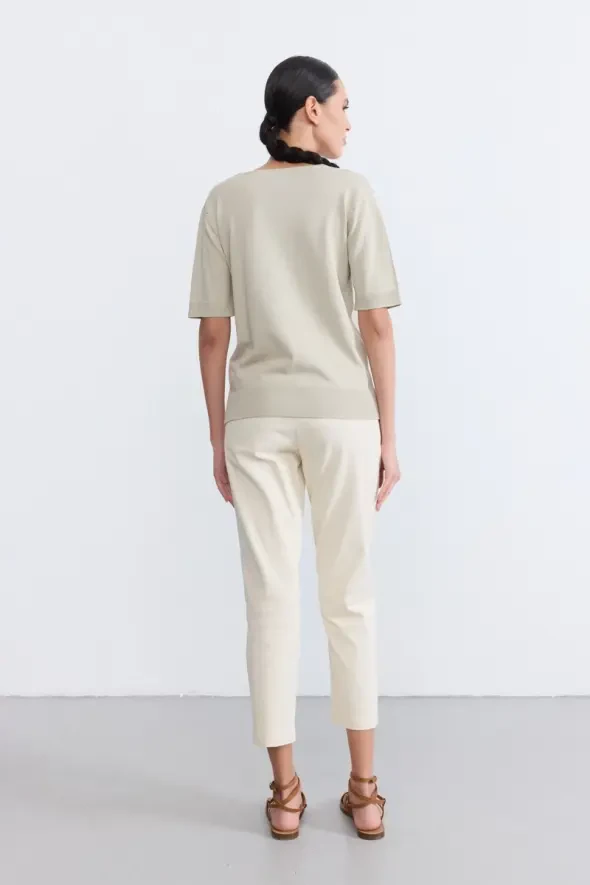 V-Neck Mercerized Short Sleeve Knit Blouse - Green - 5