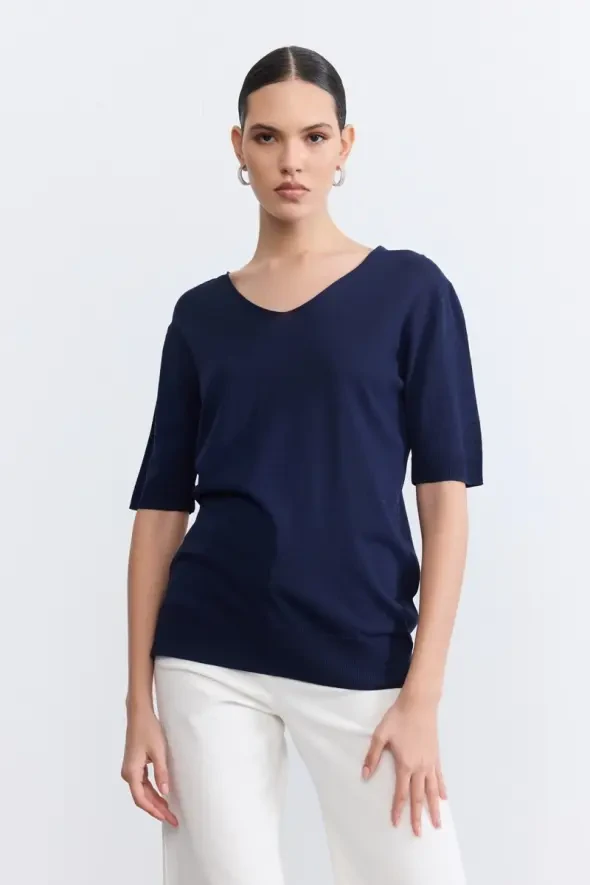 V-Neck Mercerized Short Sleeve Knit Blouse - Navy - 1