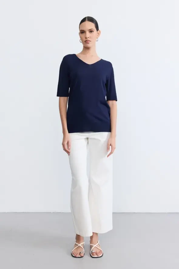 V-Neck Mercerized Short Sleeve Knit Blouse - Navy - 2