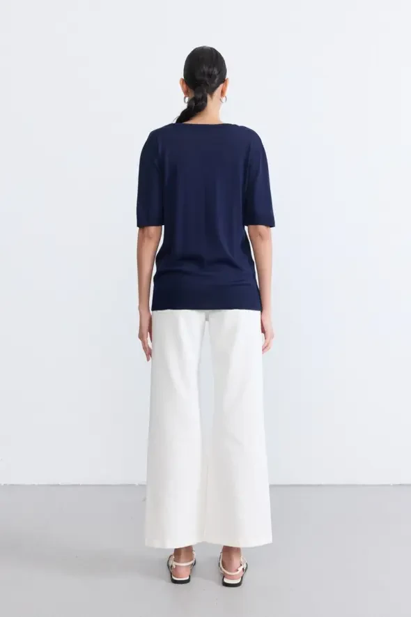 V-Neck Mercerized Short Sleeve Knit Blouse - Navy - 5