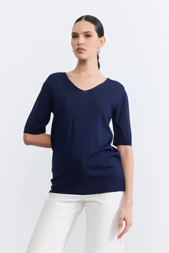 V-Neck Mercerized Short Sleeve Knit Blouse - Navy - 3