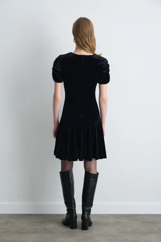 V Neck Mini Velvet Dress Black - 6