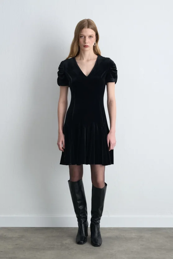 V Neck Mini Velvet Dress Black - 1