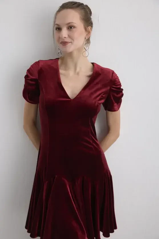 V Neck Mini Velvet Dress - Burgundy - 4