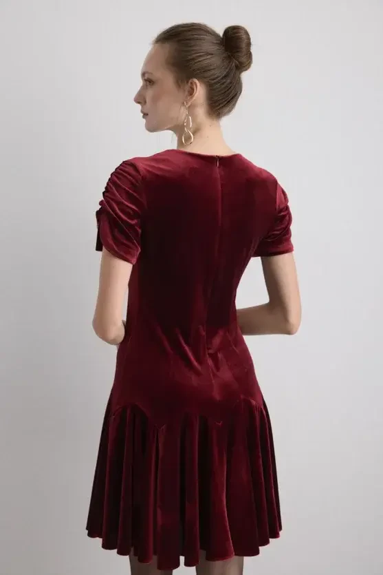 V Neck Mini Velvet Dress - Burgundy - Gusto