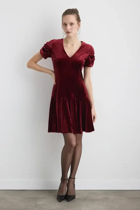 V Neck Mini Velvet Dress - Burgundy - Gusto