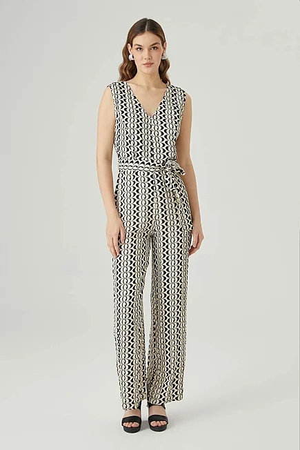 V-Neck Monogram Jumpsuit - Ecru Ecru