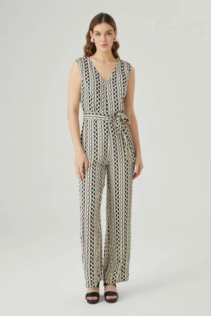 V Neck Monogram Jumpsuit - Ecru Ecru