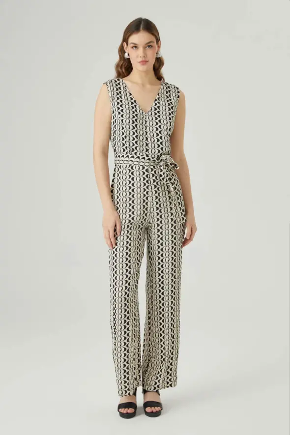 V Neck Monogram Jumpsuit - Ecru - 1