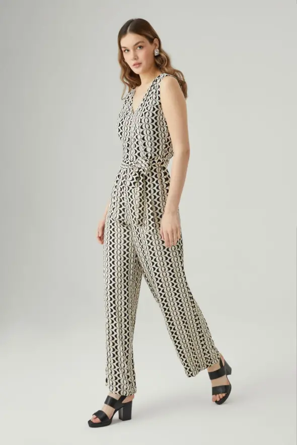 V Neck Monogram Jumpsuit - Ecru - 2