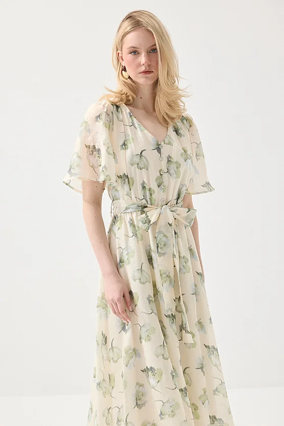 V-Neck Patterned Long Tencel Dress - Green - Gusto