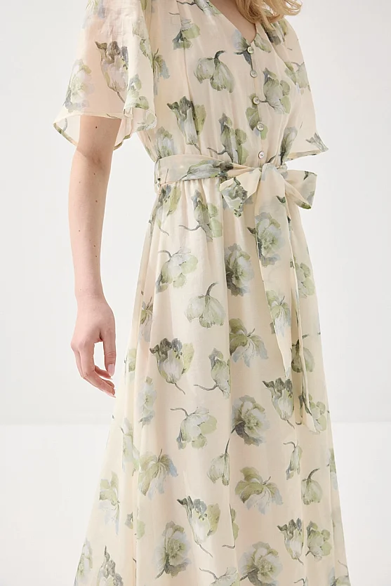 V-Neck Patterned Long Tencel Dress - Green - Gusto