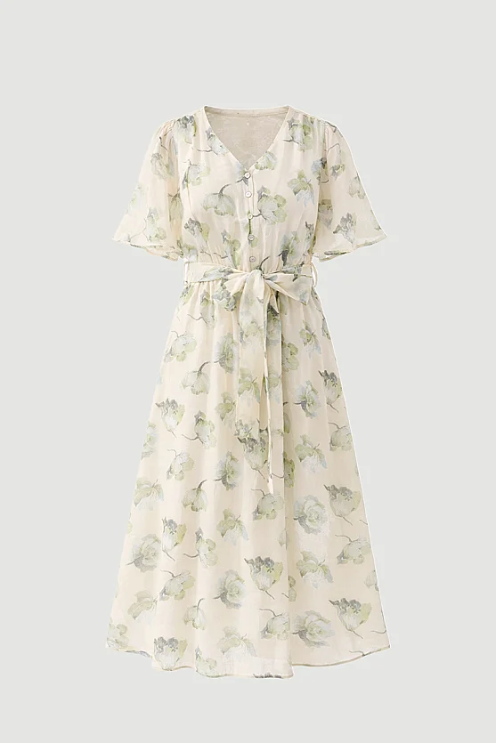 V-Neck Patterned Long Tencel Dress - Green - Gusto