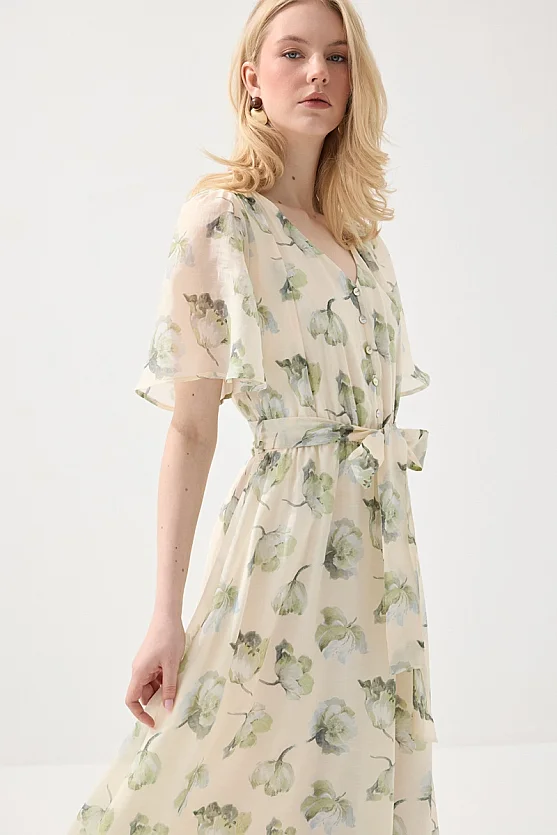 V-Neck Patterned Long Tencel Dress - Green - Gusto