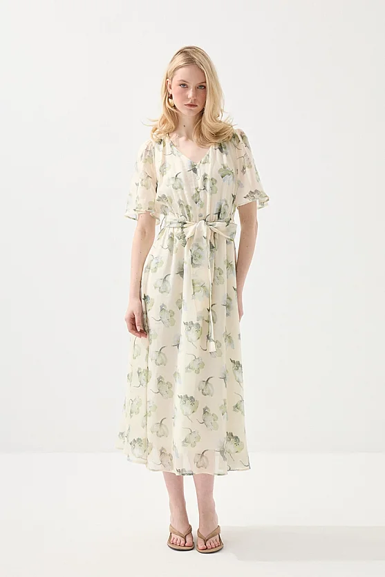 V-Neck Patterned Long Tencel Dress - Green - Gusto
