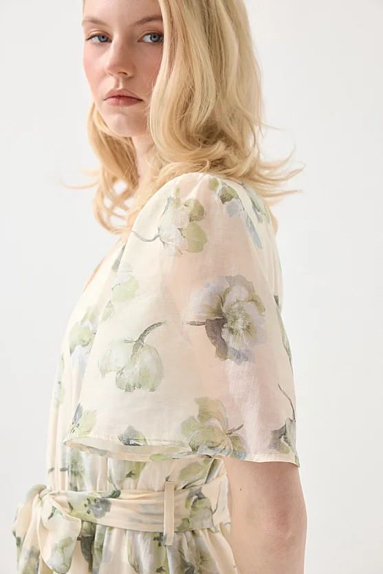V-Neck Patterned Long Tencel Dress - Green - Gusto