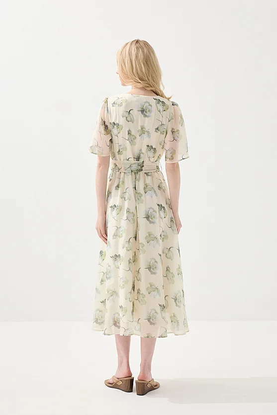 V-Neck Patterned Long Tencel Dress - Green - Gusto