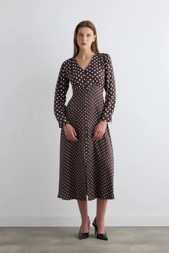 V-Neck Polka Dot Long Viscose Satin Dress - Brown - 2