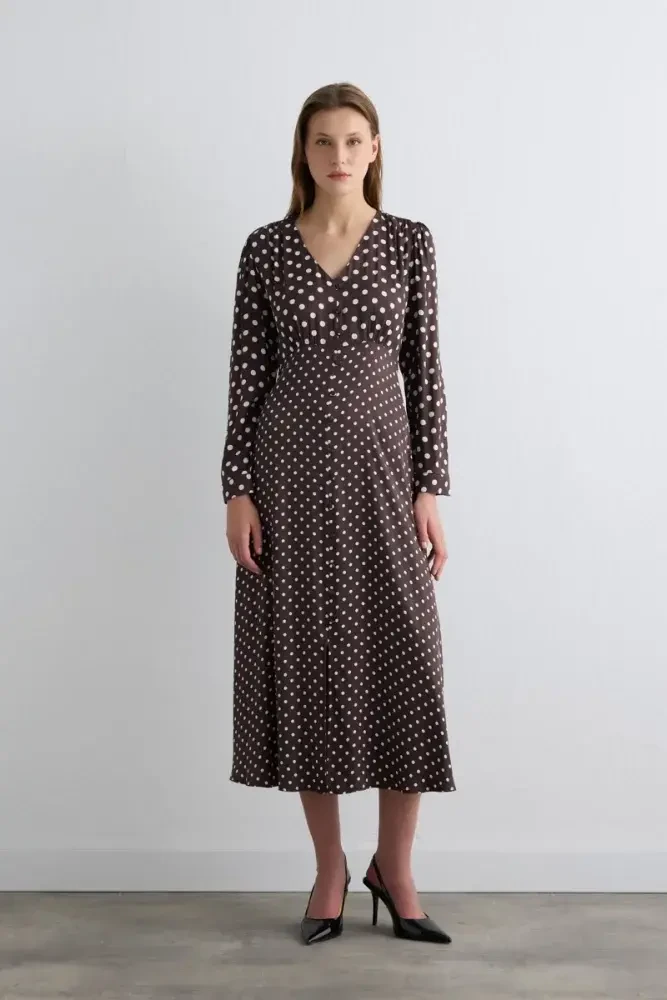 V-Neck Polka Dot Long Viscose Satin Dress - Brown Brown
