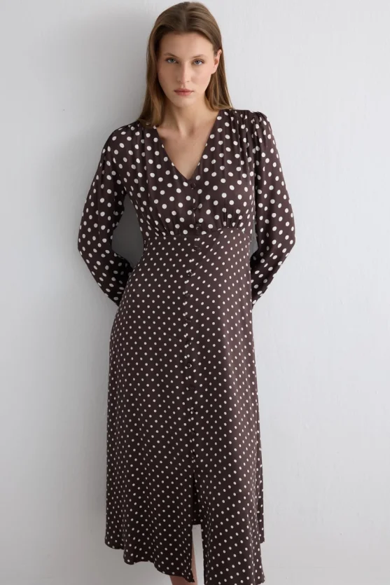 V Neck Polka Dot Long Viscose Satin Dress Brown - Gusto