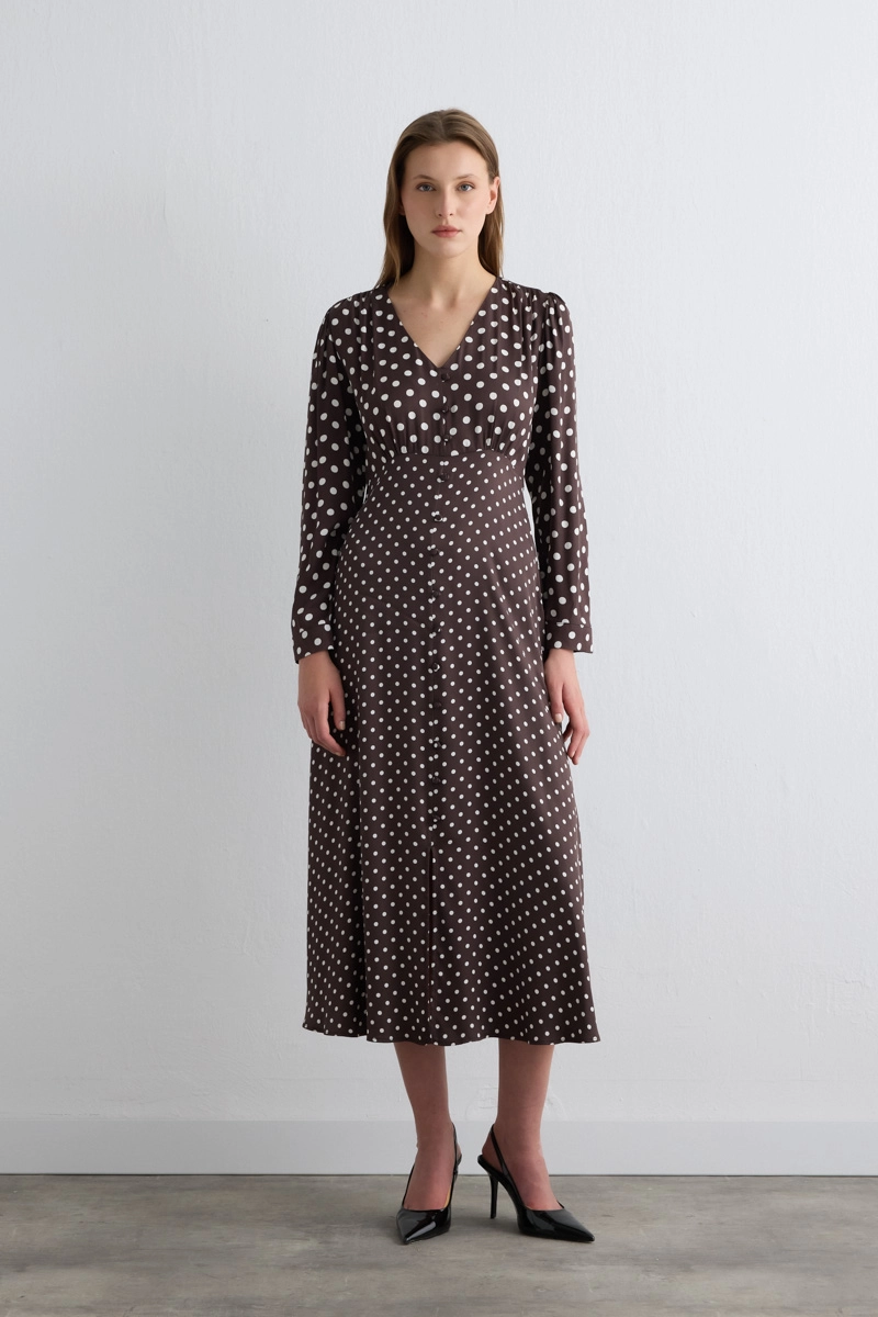 V Neck Polka Dot Long Viscose Satin Dress Brown - 6