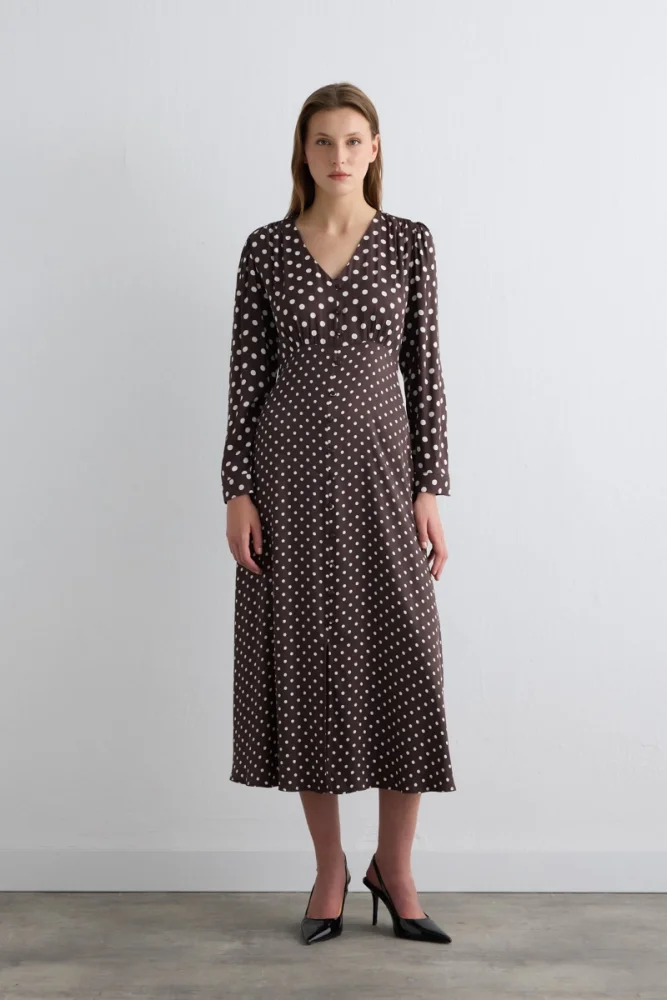 V Neck Polka Dot Long Viscose Satin Dress Brown Brown