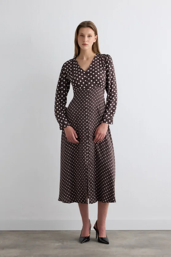 V Neck Polka Dot Long Viscose Satin Dress Brown - 2