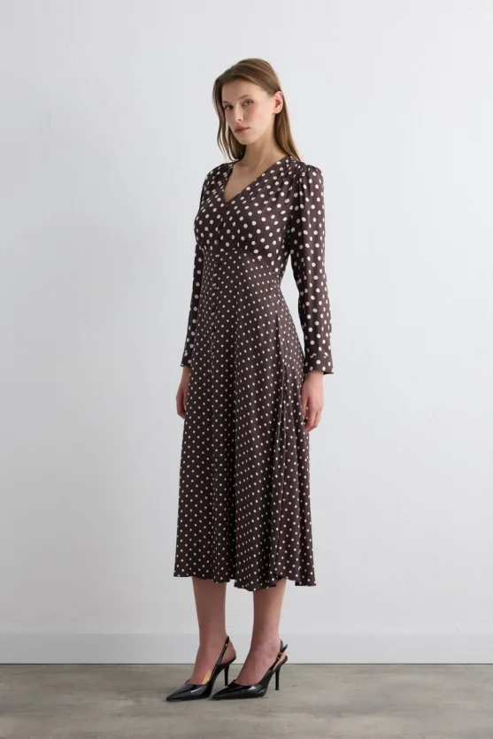V Neck Polka Dot Long Viscose Satin Dress Brown - 3