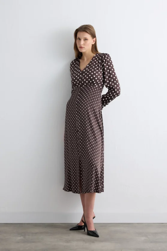 V Neck Polka Dot Long Viscose Satin Dress Brown - 4