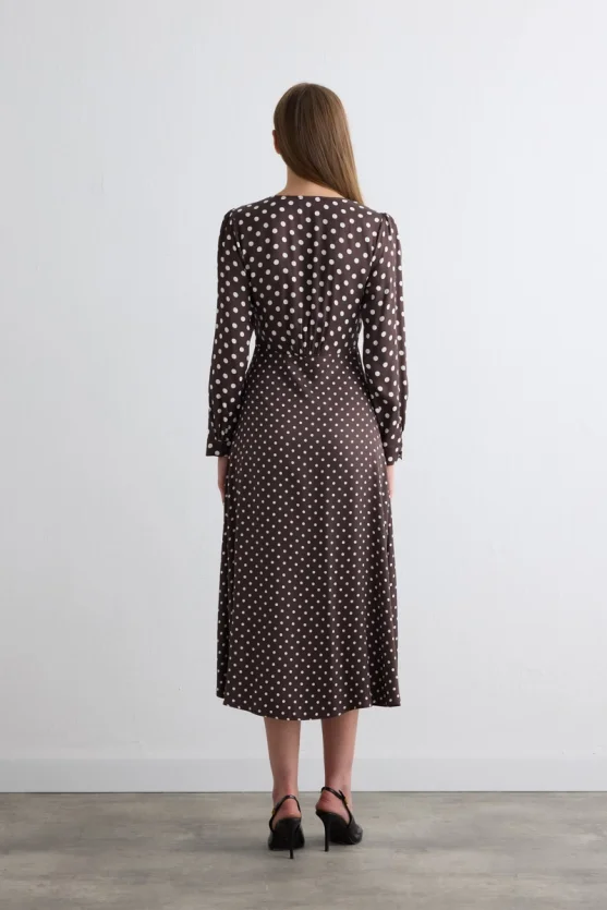 V Neck Polka Dot Long Viscose Satin Dress Brown - Gusto