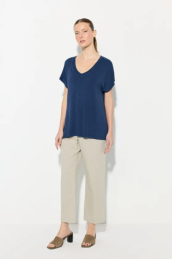 V-Neck Relaxed Fit Bamboo T-Shirt - Navy Blue - 4