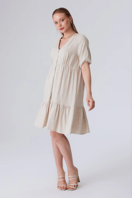 V Neck Relaxed Fit Linen Dress - Beige Beige