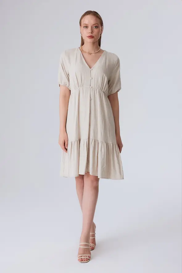 V Neck Relaxed Fit Linen Dress - Beige - 2