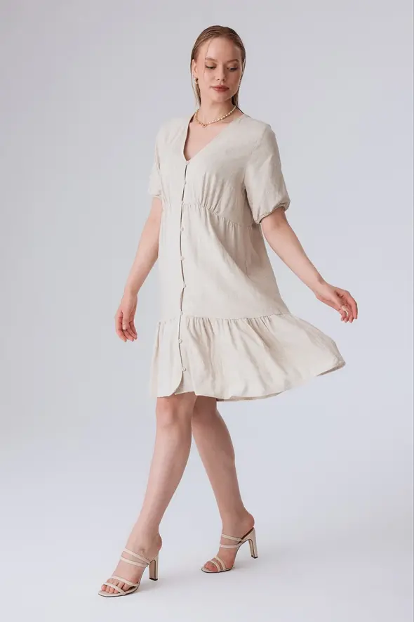 V Neck Relaxed Fit Linen Dress - Beige - 3