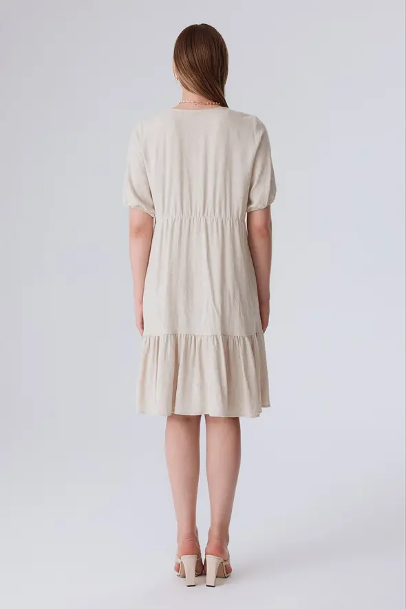 V Neck Relaxed Fit Linen Dress - Beige - 6