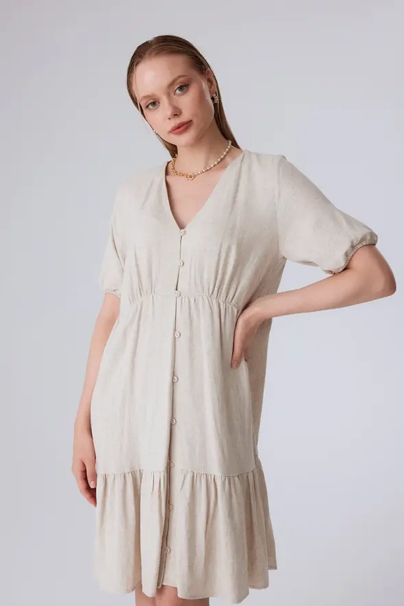 V Neck Relaxed Fit Linen Dress - Beige - 4