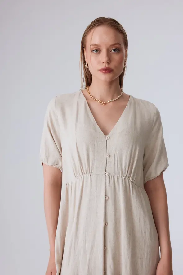 V Neck Relaxed Fit Linen Dress - Beige - 5