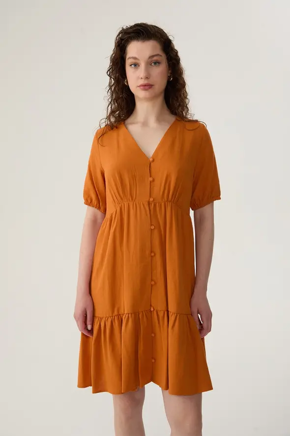 V Neck Relaxed Fit Linen Dress - Orange - 3