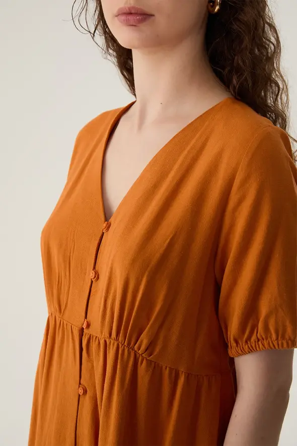 V Neck Relaxed Fit Linen Dress - Orange - 4